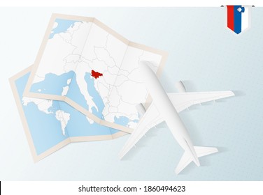 Travel to Slovenia, top view airplane with map and flag of Slovenia. Travel and tourism banner design.