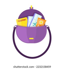 Travel small bag for storing tickets and documents, stuff for summer beach vacation. Vector illustration of clothes and objects for tourist isolated on white. Tourism concept