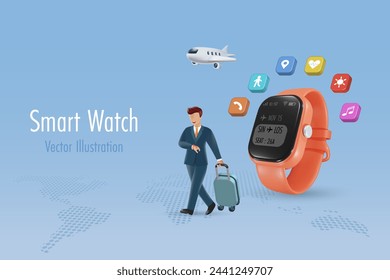 Travel with smart watch technology. Businessman looking at flight reminder on smartwatch. Wearable fashion technology with smart lifestyle. 3D vector created from graphic software.