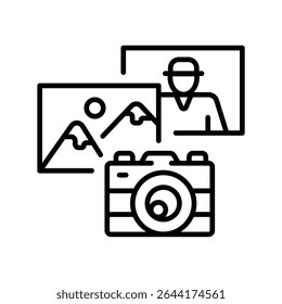 travel snap black line icon. Vector isolated element. Editable stroke.