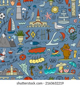 Travel to Sochi, Russian City on Black Sea. Tourism Concept. Seamless Pattern Background for your design