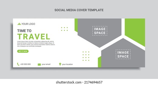 Travel Social Media Cover Design Or Web Banner With Green Color Hexagon Shapes