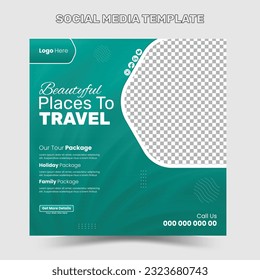 Travel social media creative post template design. Web banner, flyer or poster for travelling agency business offer promotion. Holiday and tour advertising banner design.