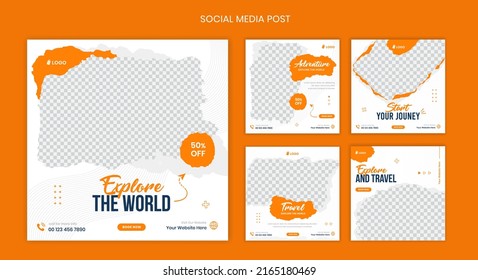 Travel Social Media Post Bundle, Brush Effect Tours And Travels Square Post, Adventure Post Layout