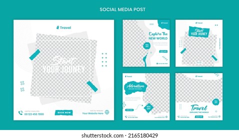 Viajes Diseño de post en medios sociales, post de efecto de broche profesional para vacaciones de vacaciones, tours y viajes vector plantilla