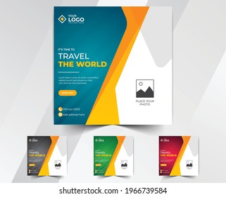 Travel social media post template set, colorful travel agency abstract modern square web banner layout, tourism social media banner template, promotional travel ads design.