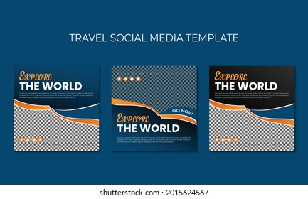 Travel social media post template set. Holiday and tour tourism advertisement banner, promo, flyer or poster design.