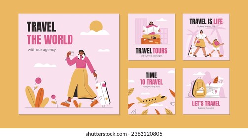 Travel social media post template set. Web banner with tourist characters and luggage. Holiday travel. Tourism business marketing flyer or poster. Hand drawn flat illustration.