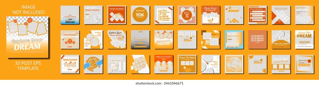 travel social media post template collection 30 editable layout template in blue and orange color, Set of editable minimal square banner travel promotoion feed social media template vector, 