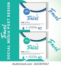 Travel Social Media Post Vector Template with Summer Vacation Promotion