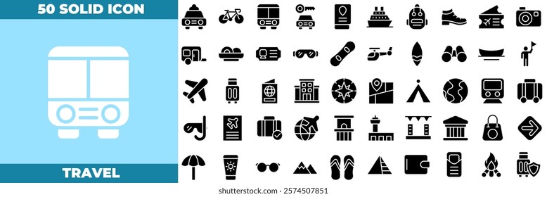 Travel Solid Editable Icons set. Vector illustration in modern thin solid style of travel icons: Travel Booking, Airport Transfer, Hotel Reservation, etc