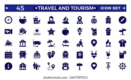 Travel solid  icon set. Summer vacations and holiday symbol vector illustration. Travel and tourism solid  icon set. Airplane, trip, beach, passport, camping, hotel.
