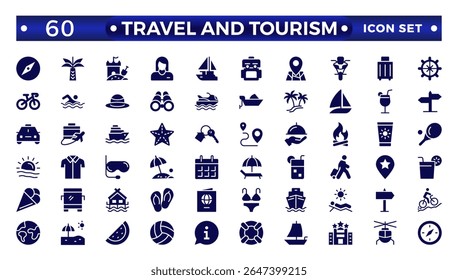Travel solid  icon set. Summer vacations and holiday symbol vector illustration. Travel and tourism solid  icon set. Airplane, trip, beach, passport, camping, hotel.
