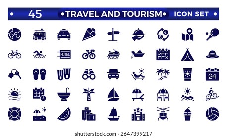 Travel solid  icon set. Summer vacations and holiday symbol vector illustration. Travel and tourism solid  icon set. Airplane, trip, beach, passport, camping, hotel.
