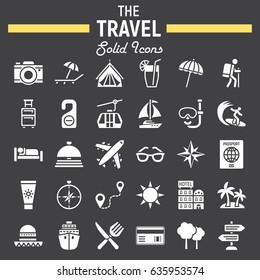 Travel solid icon set, tourism symbols collection, transportation vector sketches, logo illustrations, filled pictograms package isolated on black background, eps 10.