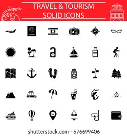 Travel solid pictograms package, Travel symbols collection, Web vector sketches, logo illustrations, transportation filled icon set isolated on white background, eps 10.