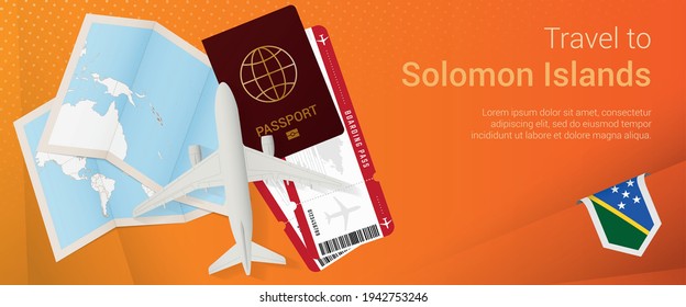 Travel to Solomon Islands pop-under banner. Trip banner with passport, tickets, airplane, boarding pass, map and flag of Solomon Islands. Vector template.