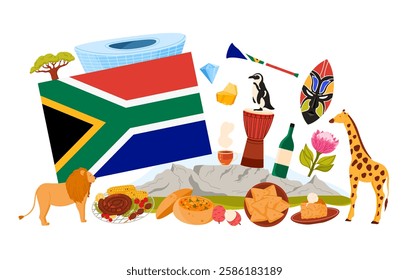 Travel to South Africa, African culture elements and landmarks, food in infographic collage. Flag of RSA and Table Mountain landscape, braai and bunny chow, wine bottle cartoon vector illustration