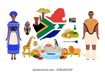 Travel to South Africa, African people in national ethnic dress, food and culture elements in infographic collage. Big flag and nature landscapes, Cape Town Stadium, baobab cartoon vector illustration