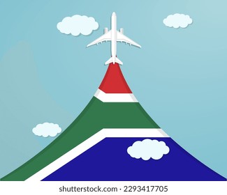 Viaje a Sudáfrica en vuelo, concepto de destino, vacaciones en Sudáfrica, diseño de vector de plano, efecto de corte de papel con cielo azul y avión, idea de viaje de verano, banner de turismo de país