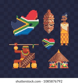 Travel to South Africa icons set, national flag, national dress, tribal mask and hut, ethnic elements culture. Isolated vector pixel art 80s style illustration. Design sticker, logo, app, magnet. 