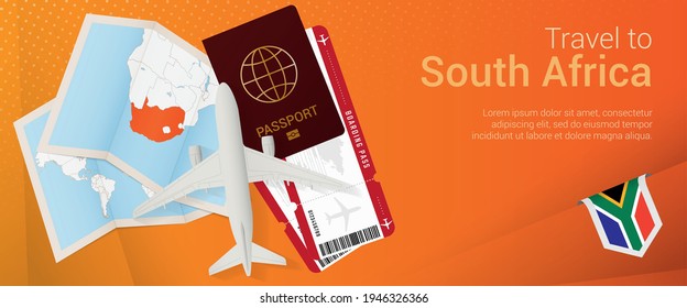 Travel to South Africa pop-under banner. Trip banner with passport, tickets, airplane, boarding pass, map and flag of South Africa. Vector template.