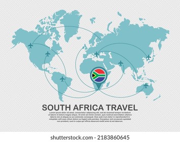 Travel to South Africa poster with world map and flying plane route business background tourism destination concept