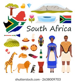 Travel to South Africa set with culture elements and nature landscape, food and title. Man and woman in ethnic tribal dress, litchi fruit and wine, gold and diamond mining cartoon vector illustration