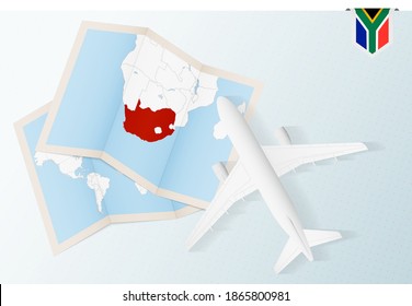 Travel to South Africa, top view airplane with map and flag of South Africa. Travel and tourism banner design.