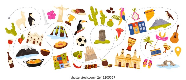 Travel to South America continent, culture elements set, food and architecture landmarks, nature for tourist adventure. Iguazu falls and Moai statue, traditional houses cartoon vector illustration