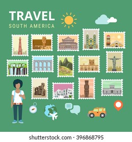 Travel South America Latin American Maya Brazil. Picture gallery vector template flat style. Tourism sightseeing POI landmark world famous places. Vacation city country collection.