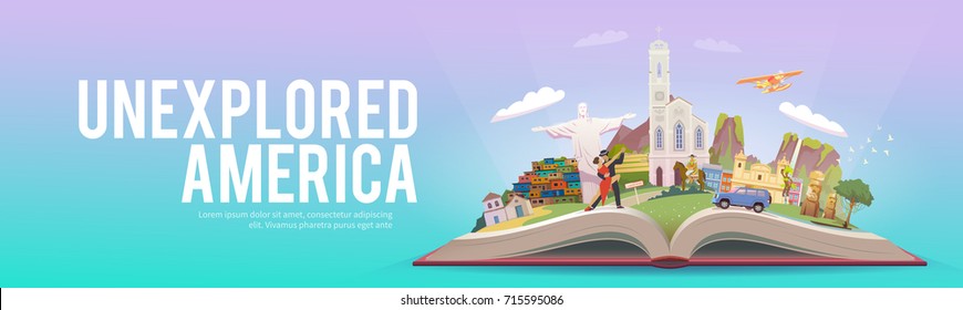 Travel to South America. Road trip. Tourism. Open book with landmarks. South America Travel Guide. Advertising web illustration. Summer vacation. Traveling banner. Modern flat design.  number 1