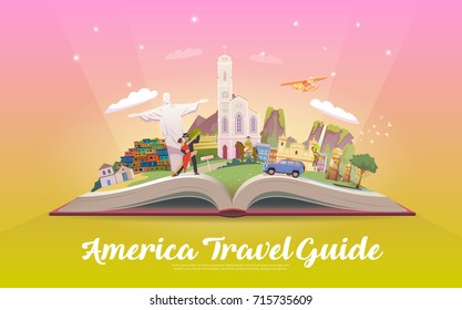 Travel to South America. Road trip. Tourism. Open book with landmarks. South America Travel Guide. Advertising web illustration. Summer vacation. Travelling banner. Modern flat design.