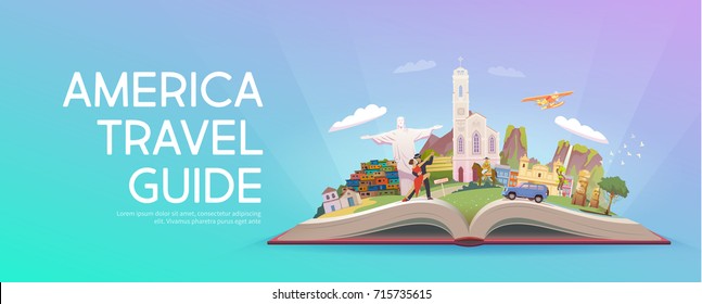 Travel to South America. Road trip. Tourism. Open book with landmarks. South America Travel Guide. Advertising web illustration. Summer vacation. Travelling banner. Modern flat design.