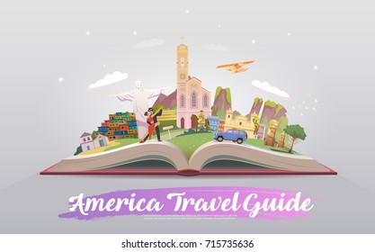 Travel to South America. Road trip. Tourism. Open book with landmarks. South America Travel Guide. Advertising web illustration. Summer vacation. Travelling banner. Modern flat design.