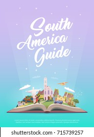 Travel to South America. Road trip. Tourism. Open book with landmarks. South America Travel Guide. Advertising web illustration. Summer vacation. Traveling vertical 
banner. Modern flat design. 