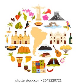 Travel to South America set, culture elements and landmarks, food in round infographic banner. Map of continent, waterfall and volcano, Brasilia Cathedral and Church cartoon vector illustration