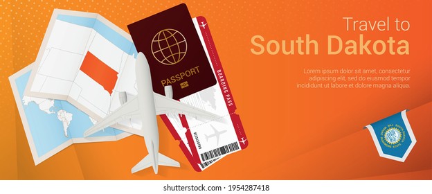 Travel to South Dakota pop-under banner. Trip banner with passport, tickets, airplane, boarding pass, map and flag of South Dakota. Vector template.