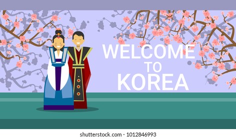 Travel To South Korea Banner, Happy Korean Coupe Wearing Raditional Costumes Over Sakura Tree Blossom Flat Vector Illustration