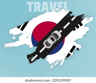 Travel to South Korea by car, going holiday idea, vacation and travel banner concept, car on the road with South Korea flag, international car travel, automobile going on a way, top view