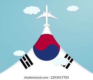 Travel to South Korea by flight, destination concept, vacation in South Korea, plane vector design, paper cut effect with blue sky and airplane, summer trip idea, country tourism banner