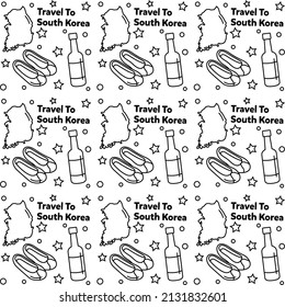 Travel to South Korea doodle seamless pattern vector design. Kimchi, Map, Flag icons identic with south Korea