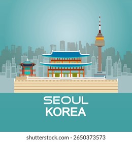  Viajar ao sul da Coreia Gyeongbok palácio, Gyeongbokgung palácio, Seul torre em Seul. Visite pontos de referência da Coreia do Sul com arquitetura de fundo, Ilustração viajar marco para seul. 