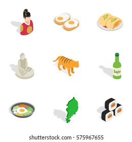 Travel to South Korea icons set. Isometric 3d illustration of 9 travel to South Korea vector icons for web