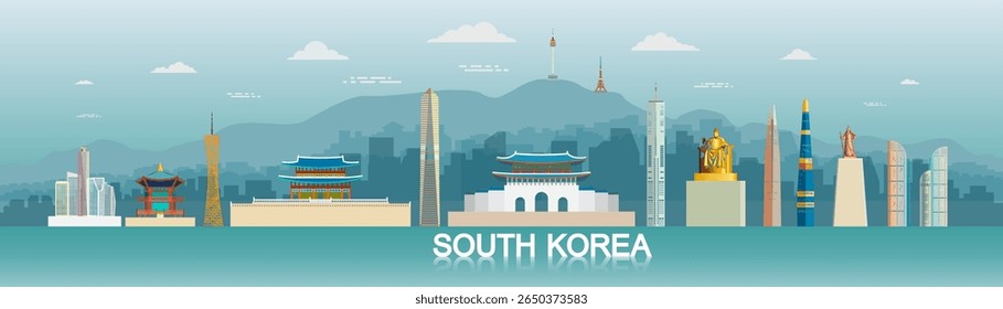  Viaje aniversário e celebração do dia da independência da Coreia do Sul. Visite pontos de referência Coreia do Sul com arquitetura de fundo, Ilustração viajar marco para seul na Ásia com vista panorâmica.