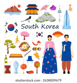 Travel to South Korea infographic set with title. Korean man and woman in traditional dress, architecture of Seoul and food, mountain landscape and nature, flag and map cartoon vector illustration