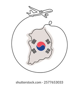 Travel South Korea one line vector illustration. Map of South Korea and airplane drawing.	