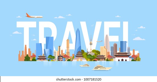 Travel To South Korea Seoul City Background With Skyscrapers And Landmarks Symbols Modern Korean Cityscape Vector Illustration