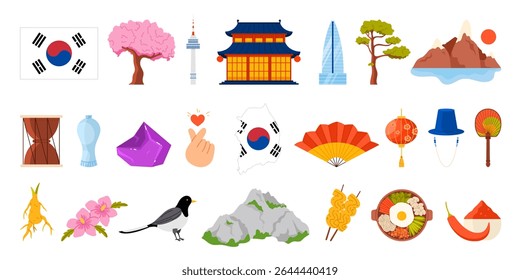Travel to South Korea, set of famous culture elements and landmarks, food and tourist attractions. Gyeongbokgung palace and Jeju island scenery, kimchi and bibimbap cartoon vector illustration