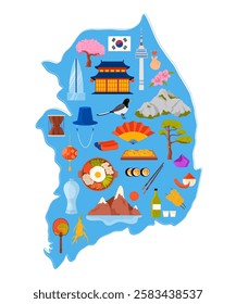 Travel to South Korea set, stickers of food and culture, modern and ancient architecture landmarks, nature on infographic map. Famous tourist attractions and elements cartoon vector illustration